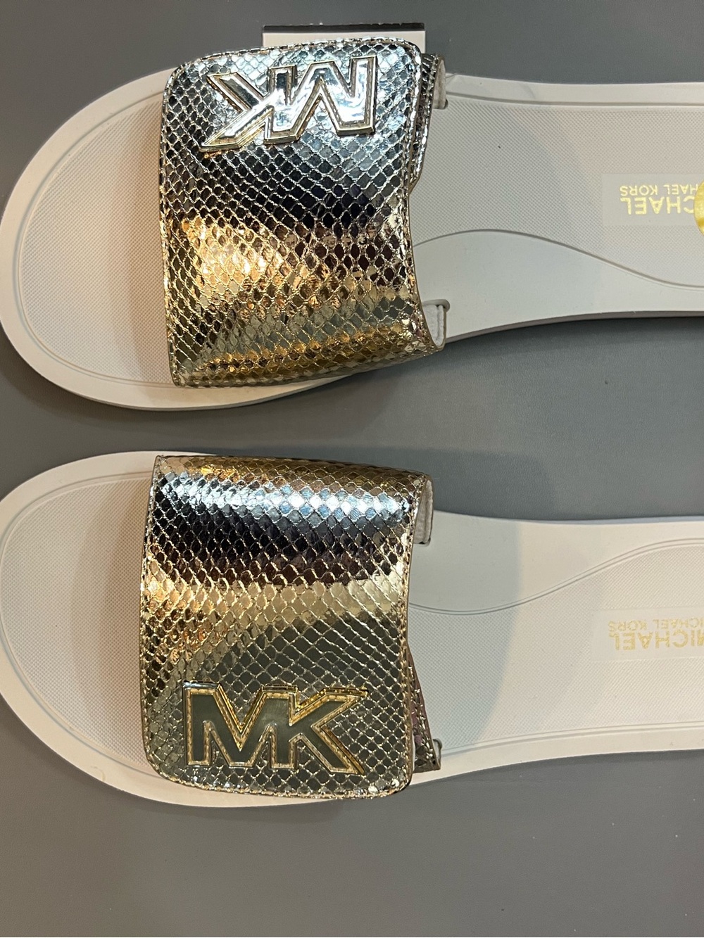Michael Kors Metallic Logo Slide Sandals in Silver, Gold, and White - Picture 8 of 8